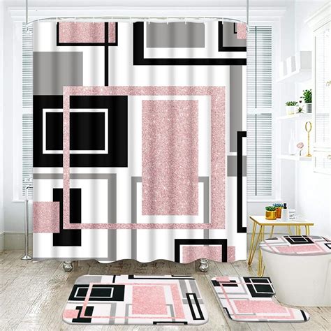 Pcs Pink Geometric Shower Curtain Sets With Non Slip Rugs Toilet Lid