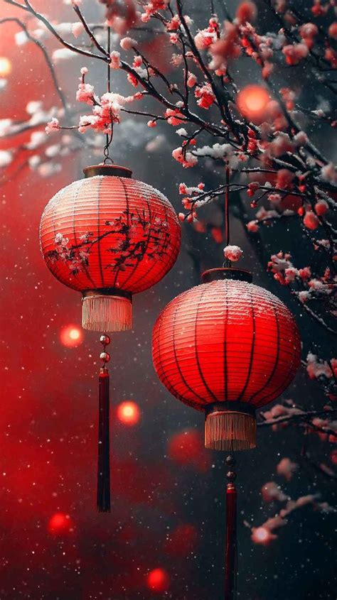 Snowy Winter Chinese Lanterns Wallpaper Red Festive Background In