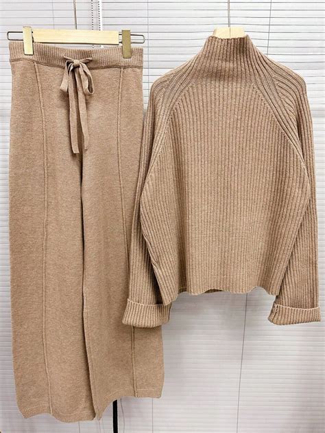 Shein Relaxiva Piece Set Apricot Women Knit Sweater And Pants Ribbed