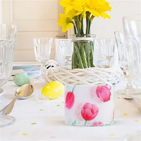 Hongheng Rolls Floral Wired Edge Ribbon Pink Tulip Burlap Ribbon