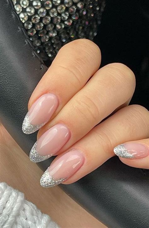 70 Wedding Nails For Brides Silver Glitter Tip Almond Natural Nails