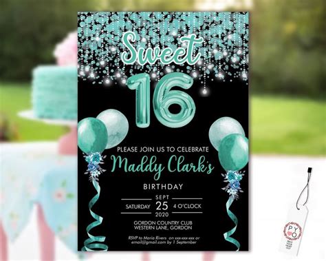 Sweet Aqua Party Invitation Printable Template Black Editable