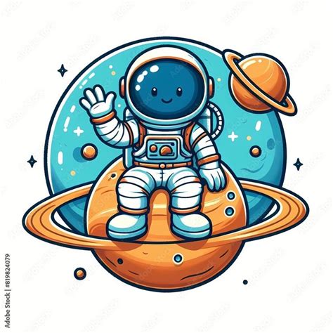 Cute Astronaut Sitting On Planet And Waving Hand Adobe Stock Vector