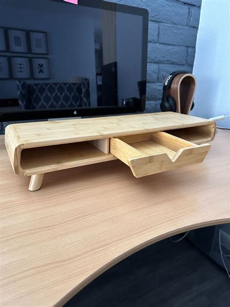 Bamboo Wood Monitor Stand Storage Organizer Drawers Desktop Laptop