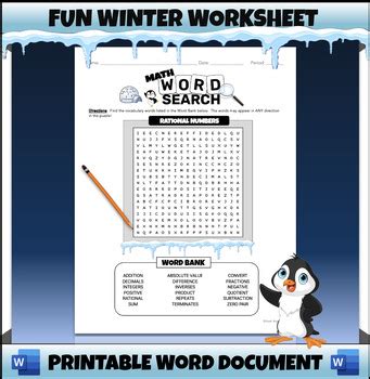 6th 7th Grade Math Winter Fun Worksheet Activity Word Search Rational