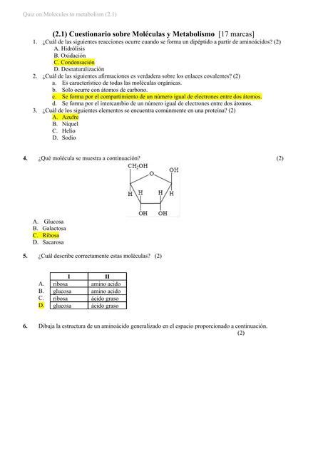 C Cuestionario En Moleculas Y Metabolismo Emily Estudia Udocz