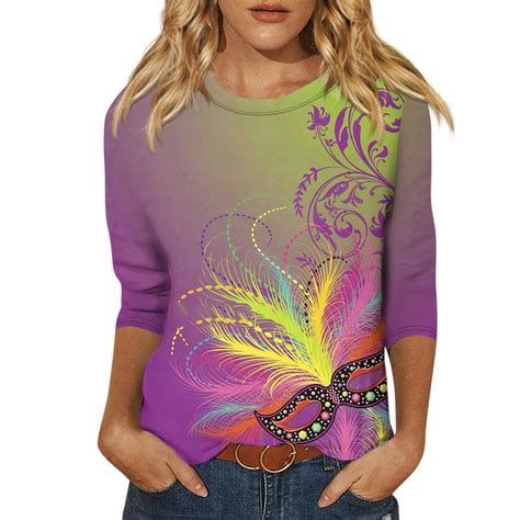 ADSSDQ Womens Mardi Gras Shirts 3 4 Sleeve Tops For Women Graphic Tees