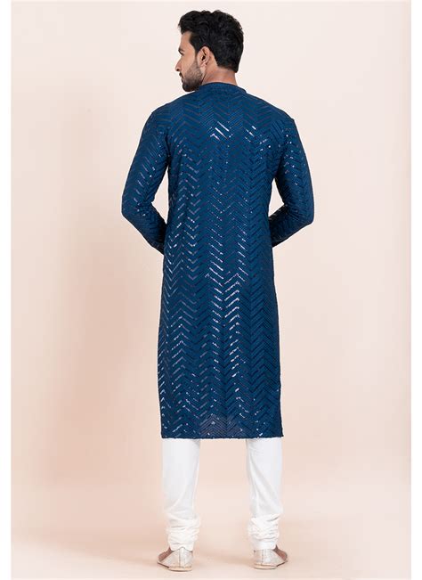 Buy Viscose Rayon Blue Eid Wear Sequins Work Readymade Kurta Pajama