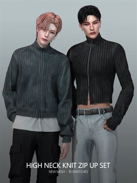 High Neck Knit Zip Up Set Rona Sims Sims Male Clothes Sims Men