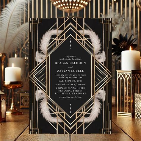 Black And Gold Art Deco Feather Wedding Invitation Zazzle Feather