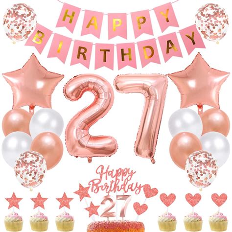 27th Birthday Decorations Rose Gold Happy Birthday Banner Balloon Stars