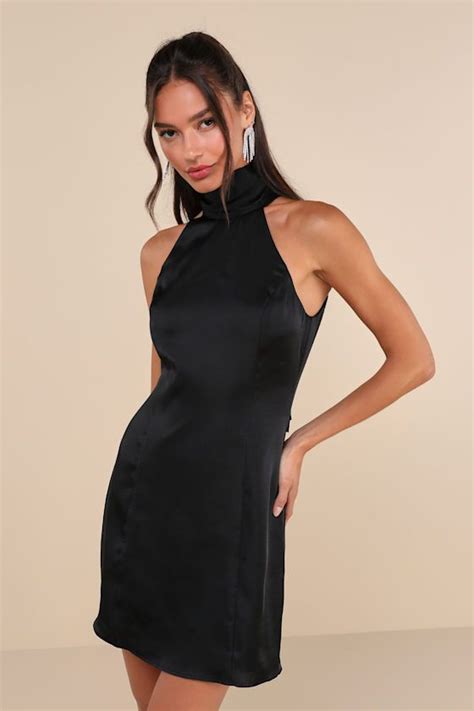 Infinite Admiration Black Satin Halter Mini Dress Halter Mini Dress