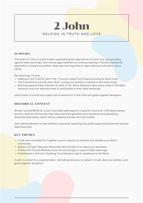 John Bible Summary Sheet Printable Walking In Love While Guarding