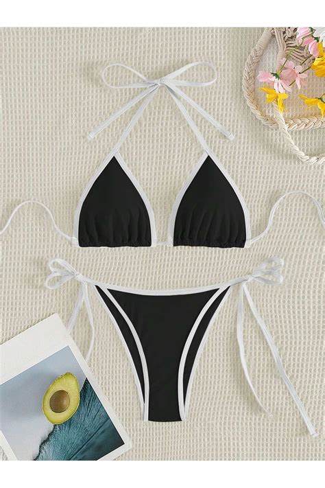 WEEST MODA Siyah Bikini Halter Kıvrılmış Kenar Detaylı Askılı Bikini Takımı İki Parçalı Bikini