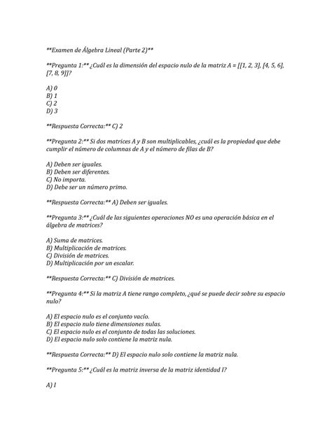 Al2 15 Álgebra Lineal Examen De Álgebra Lineal Parte 2 Pregunta 1