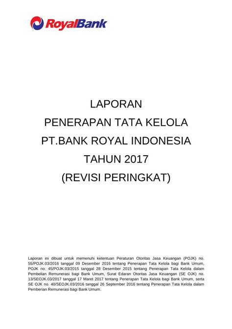 PDF LAPORAN PENERAPAN TATA KELOLA PT BANK ROYAL Tata Kelola