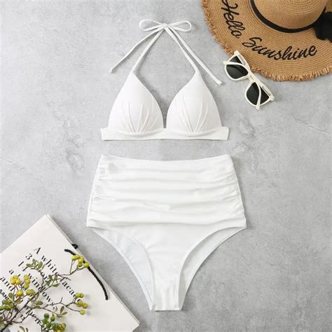 Triangle Cup Tie Drawn Halter Bikini Women Two Piece Solid Color Women S Swimsuit High Waist