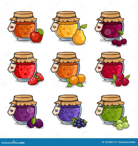 Set Of Colored Jars With Delicious Homemade Jam Stock Vector