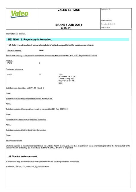 Valeo Braking Systems Brake Fluid Dot Material Safety Data Sheet