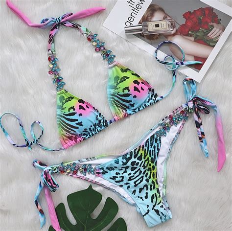 Stock Custom Print Swimwear Jewel Swimsuit Connector Ties Scrunch Butt Brazilian Bikini Buy