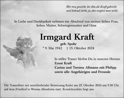 Traueranzeigen Von Irmgard Kraft Vrm Trauer De