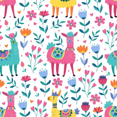 Seamless Pattern With Funny Colorful Lamas And Flowers On White Great