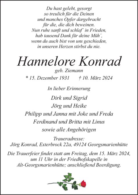 Traueranzeigen Von Hannelore Konrad Noz Trauerportal