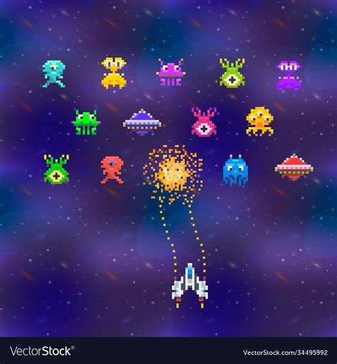 Cute space invaders in pixel art style on deep Vector Image