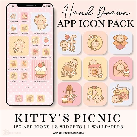 Kawaii Aesthetic iPhone Icon Set With Widgets and Wallpapers Cute Kitty ...