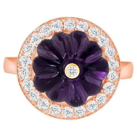 14K Rose Gold Lux Art Deco Cocktail Diamond and Hand Carved Amethyst ...