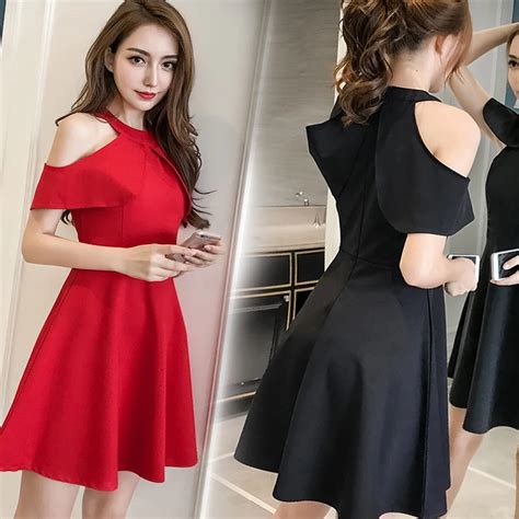 Korean Cute Elegant Red Dress 2018 Women Summer Off Shoulder Ruffle Cocktail Party Sexy Dresses