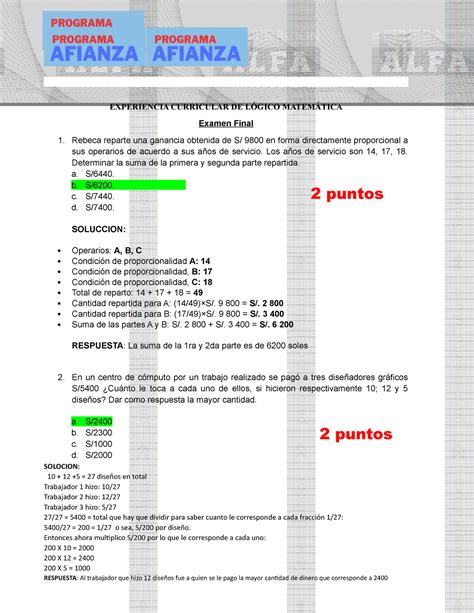 Examen Final Afianza EXPERIENCIA CURRICULAR DE LÓGICO MATEMÁTICA