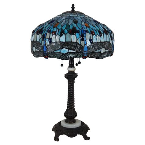 Vintage Tiffany Style Stained Glass 3 Light Dragonfly Parlor Table Lamp 28 For Sale At 1stdibs