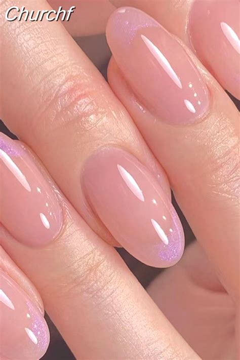 Churchf Glitter Short Almond False Nails Pink Aurora Ellipse Fake Nails