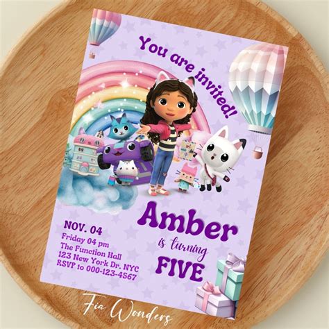 Editable Gabby S Dollhouse Birthday Invitation Printable Purple Gabbys Dollhouse Party