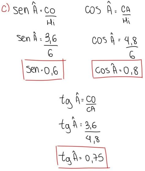 Calcule O Seno O Cosseno E A Tangente Do Ngulo Em Cada Angulo