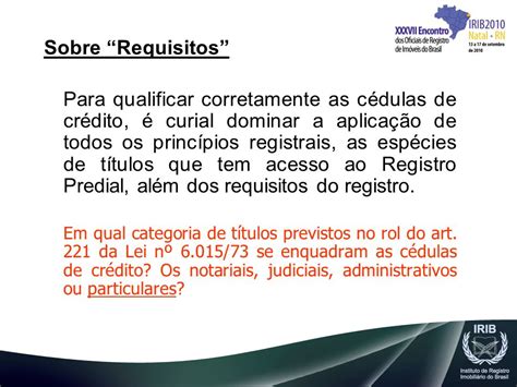 CÉDULAS DE CRÉDITO NO REGISTRO DE IMÓVEIS ppt carregar