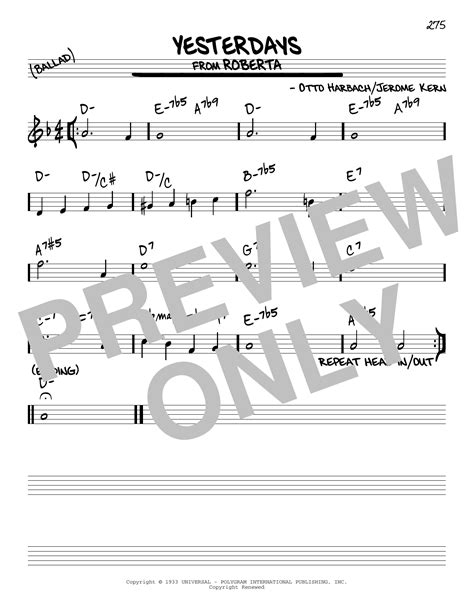 Yesterdays By Jerome Kern Sheet Music For Real Book Melody And Chords At Sheet Music Direct