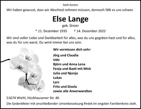 Traueranzeigen Von Else Lange WirTrauern