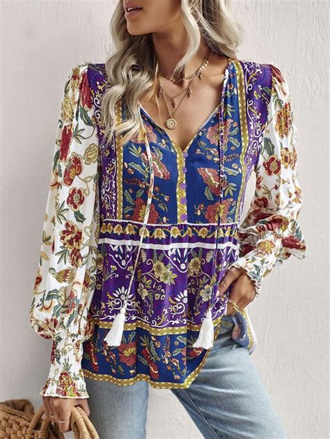 Shein Lune Blusa Peplum Con Estampado Floral De Cuello Con Cord N Y