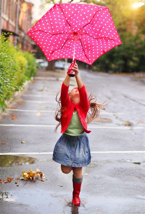 Child With Polka Dots Umbrella Wearing Red Rain Boots Tricia Lott