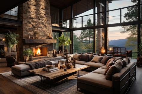 Premium AI Image | Mountain house with lit fireplace and rustic decoration generative IA