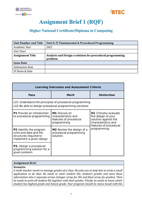 Assignment 1 Brief Jchj Assignment Brief 1 Rqf Higher National