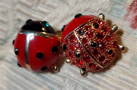 Vtg Dual Ladybug Silvertone Crystal Glass Rhinestone Gem