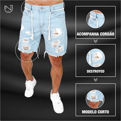 Short Destroyd Jeans Masculino Curto Rasgado Cordão MercadoLivre