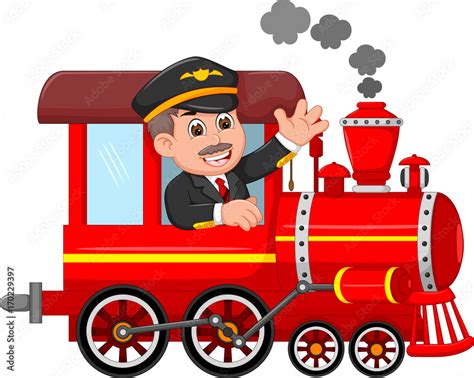 cheerful cartoon train with smile conductor waving Stock Vector | Adobe ...