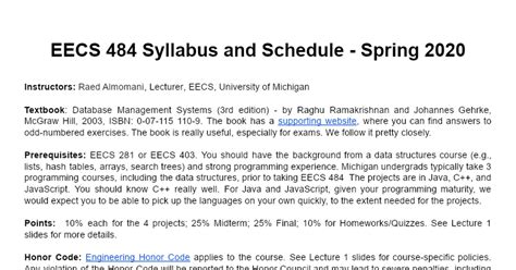 EECS 484 SP20 Syllabus And Schedule Docx Google Docs