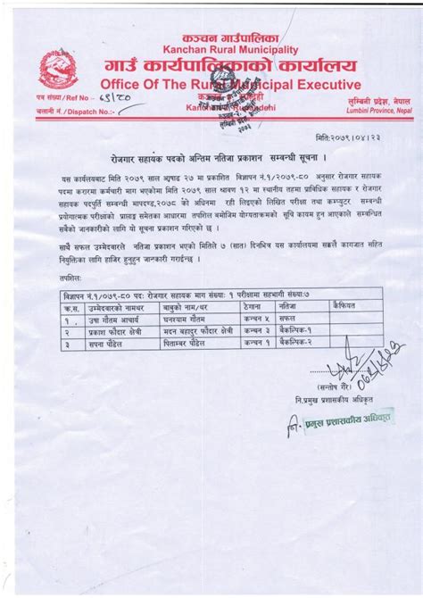 रोजगार सहायक पदको अन्तिम नतिजा प्रकाशन सम्बनधी सूचना। कञ्चन