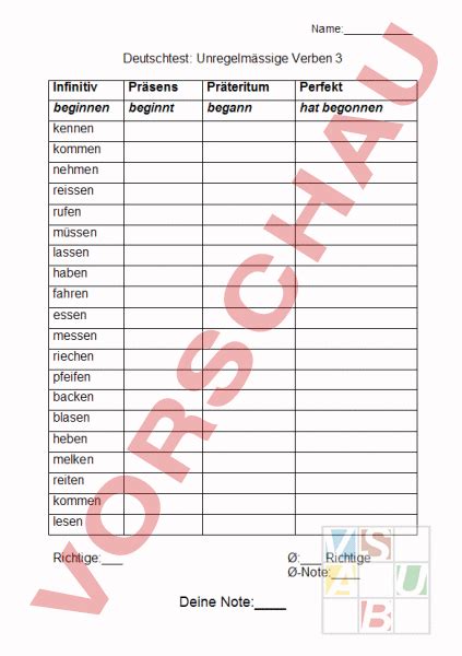 Arbeitsblatt Test Unregelmässige Verben Deutsch Grammatik