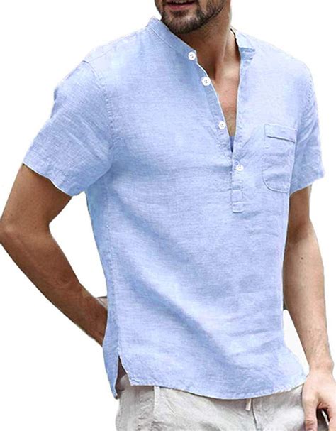 Mens Henley Shirt Short Sleeve Linen Banded Collar V Neck Summer Beach